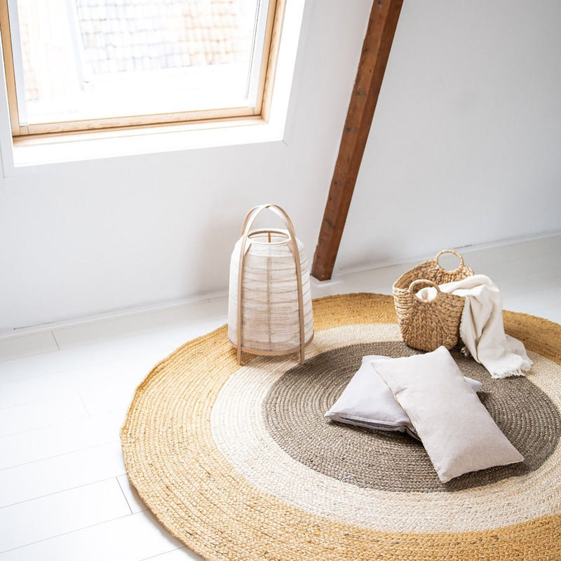 White & Gray Jute Round Rug